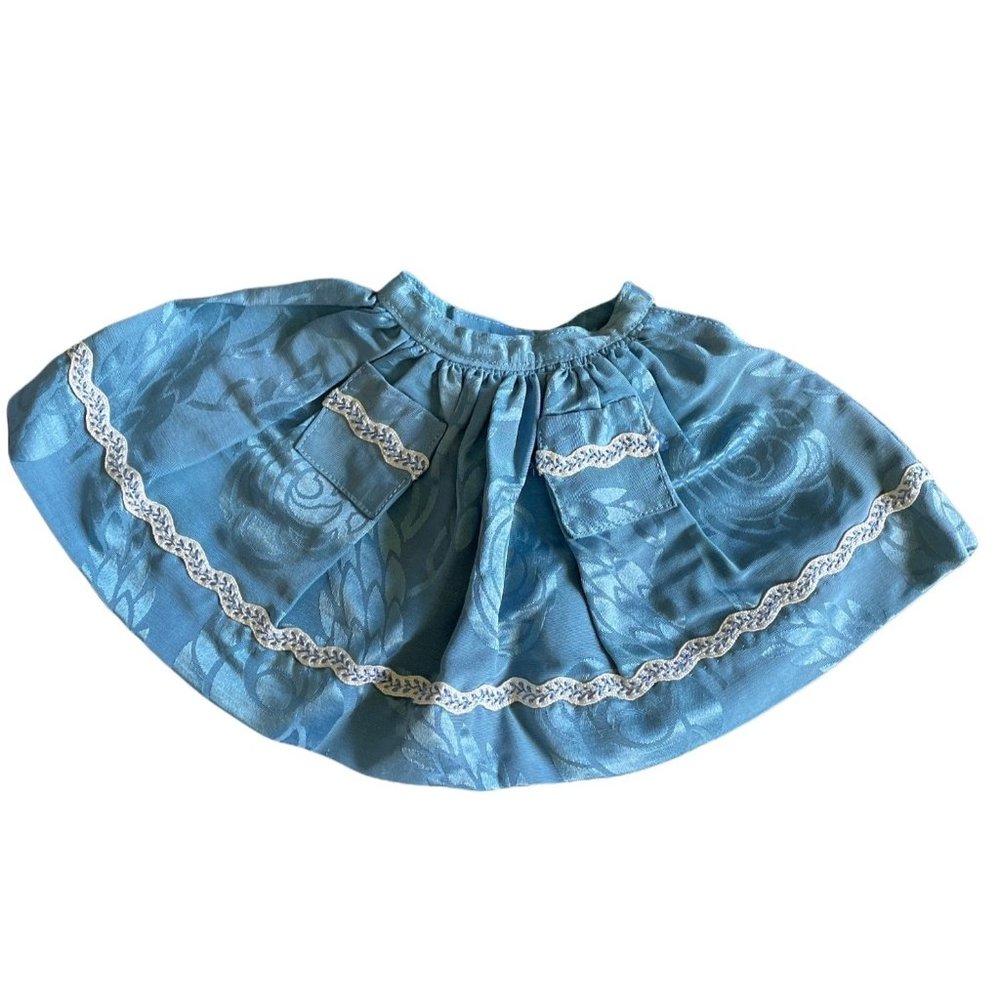 Vintage 1950s 18" doll circle skirt blue jacquard full 20" trim lace
